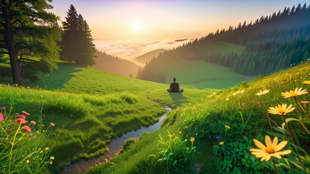  a serene outdoor scene featuring a person meditating on a lush green hill, surrounded by vibrant wildflowers, with a gentle stream flowing nearby and soft sunlight filtering through the trees, creating a peaceful ambiance. hyperrealistic, full body, detailed clothing, highly detailed, cinematic lighting, stunningly beautiful, intricate, sharp focus, f/1. 8, 85mm, (centered image composition), (professionally color graded), ((bright soft diffused light)), volumetric fog, trending on instagram, trending on tumblr, HDR 4K, 8K