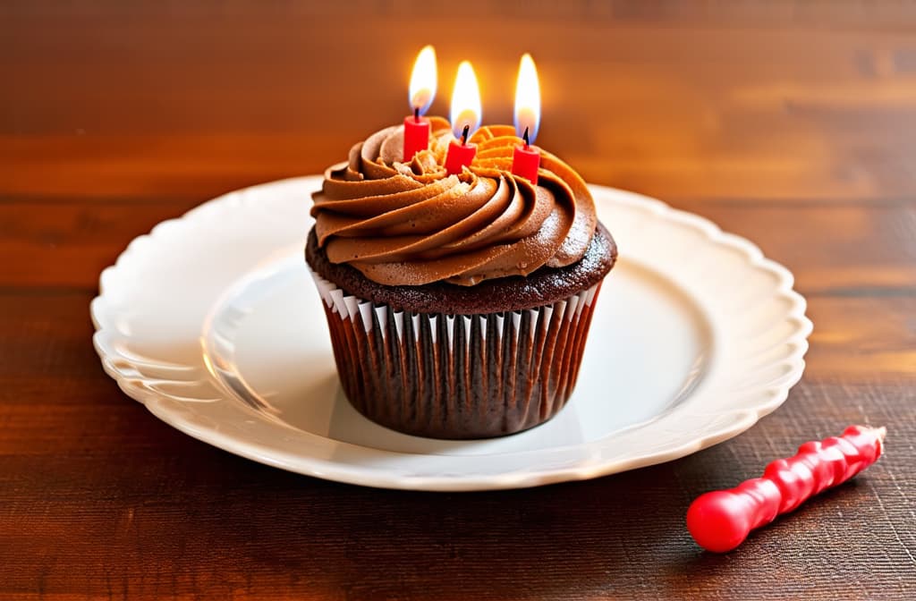  chocolate cupcake in a plate covered with icing, candles for the cake are lying nearby 2/3 of the free space ar 3:2 {prompt}, maximum details