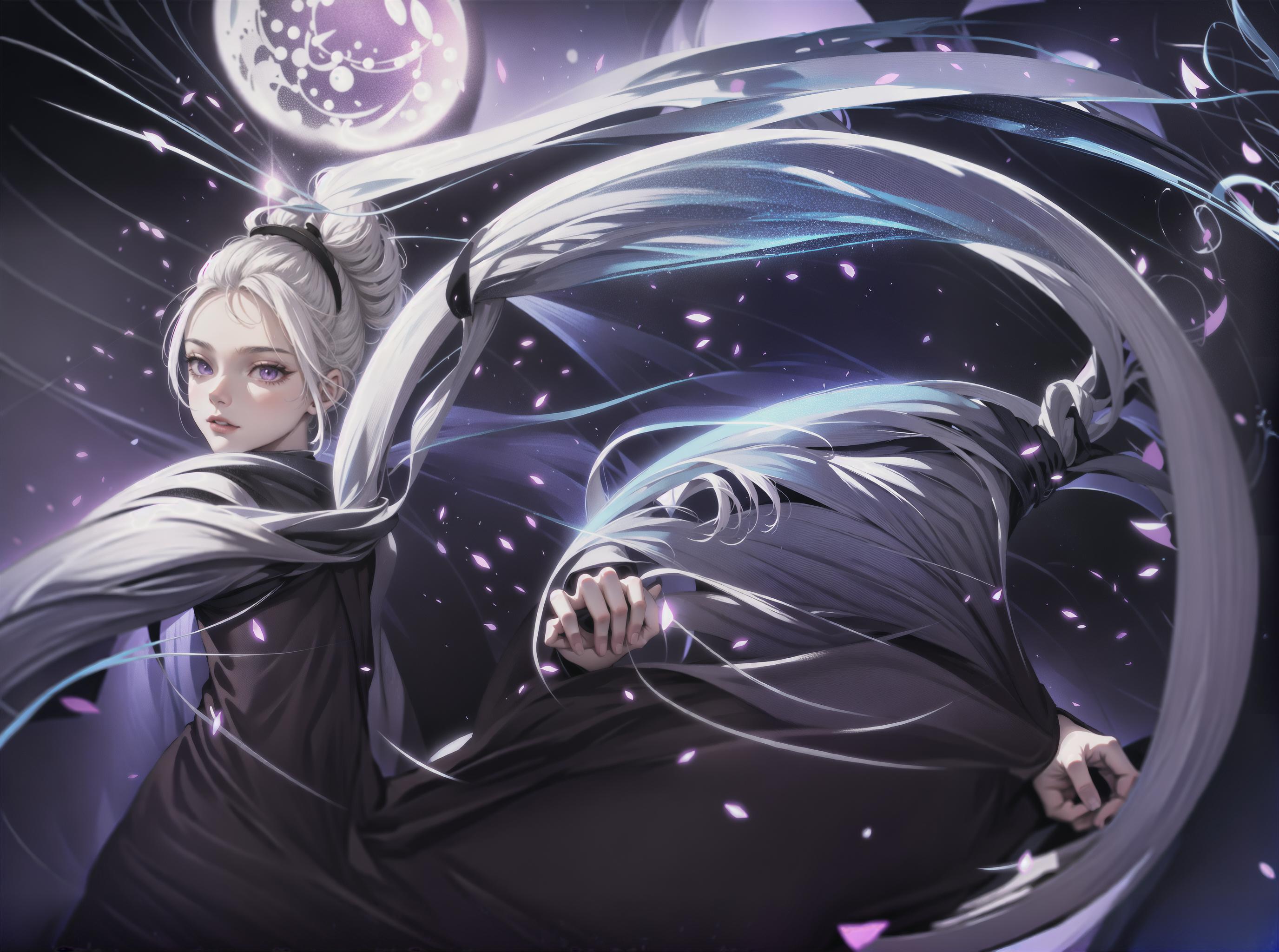  upper body, 1girl, white hair, ponytail, purple eyes, (ninja), short sword, medium breats ,scarf, wallpaper, magic circle background, light particles, blue fire