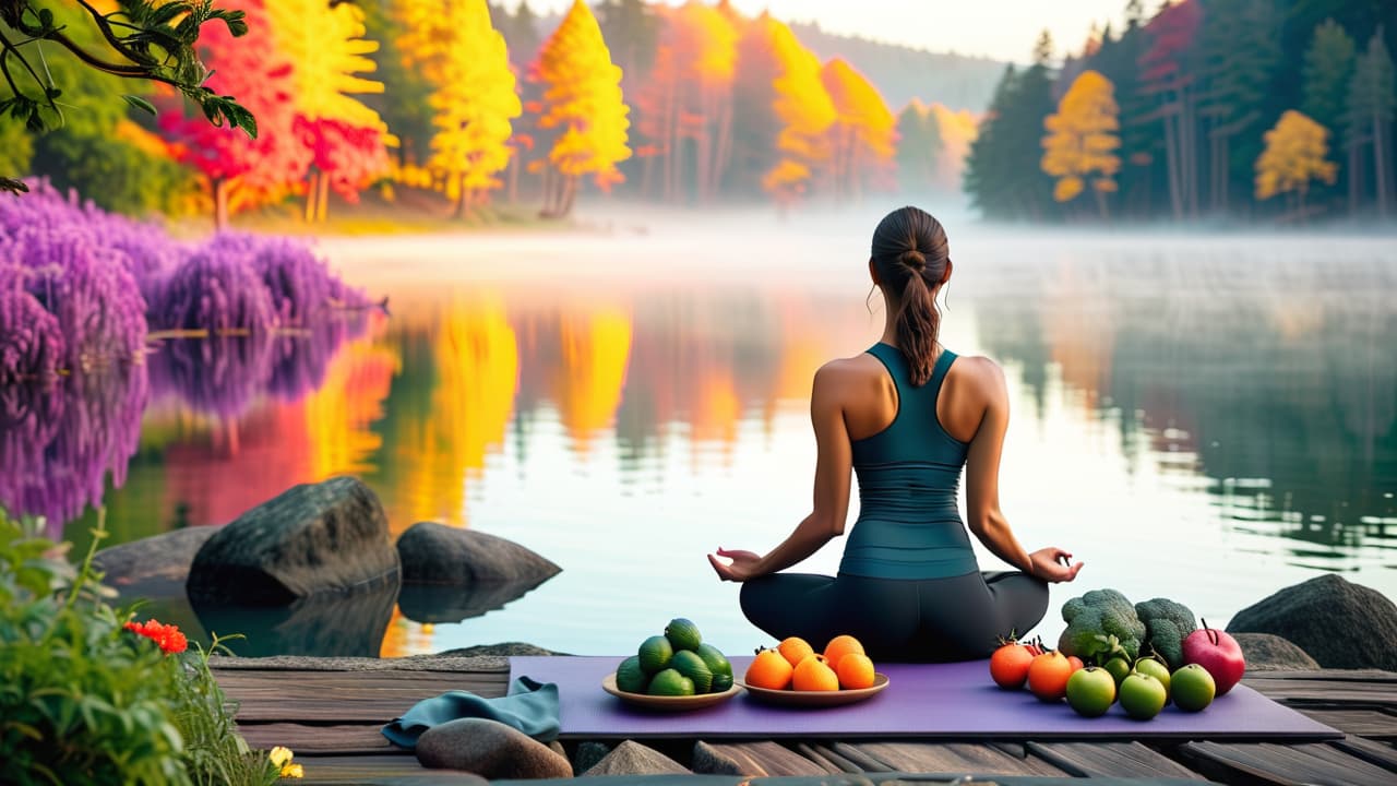  a serene nature scene featuring a balanced plate of colorful fruits and vegetables, a person meditating by a tranquil lake, vibrant flowers, a yoga mat, and symbols of mindfulness, exercise, and social connections. hyperrealistic, full body, detailed clothing, highly detailed, cinematic lighting, stunningly beautiful, intricate, sharp focus, f/1. 8, 85mm, (centered image composition), (professionally color graded), ((bright soft diffused light)), volumetric fog, trending on instagram, trending on tumblr, HDR 4K, 8K