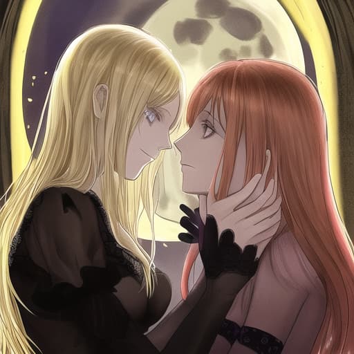  Deux magnifiques sorcières une brune et une blonde : ambiance mystique avec un grimoire qui se regardent en face à face et il y a le soleil flamboyant et la lune derrière elles