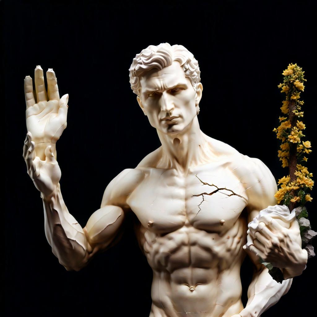  hyperrealistic art black background, man, white statue, covered by large and small cracks, hands widely divorced, looking straight. . extremely high resolution details, photographic, realism pushed to extreme, fine texture, incredibly lifelike, film photography style hyperrealistic, full body, detailed clothing, highly detailed, cinematic lighting, stunningly beautiful, intricate, sharp focus, f/1. 8, 85mm, (centered image composition), (professionally color graded), ((bright soft diffused light)), volumetric fog, trending on instagram, trending on tumblr, HDR 4K, 8K