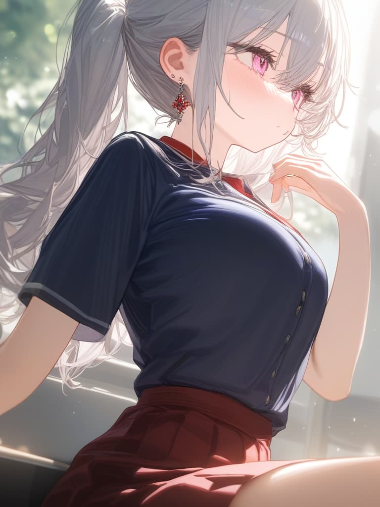  girls, ponytails, silver hair, jit, sleepy eyes, uniforms, high school students, earrings, light pink eyes, dark red school backs for dark blue uniforms, masterpiece, best quality,8k,ultra detailed,high resolution,an extremely delicate and beautiful,hyper detail