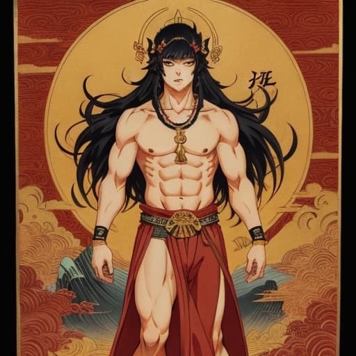 Fudo Myoo is wearing a vestment with the chest bare and the lower half of his body well covered. He has long hair with a permed head and holds a sword in his right hand. male, retro