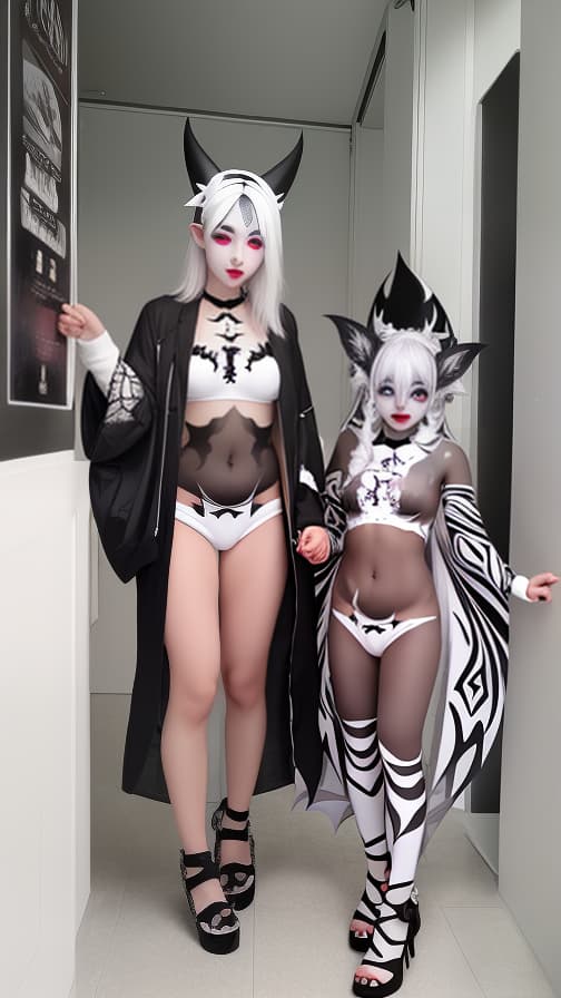  White bat pattern body paint in every corner of the body, Black body paint all over the body, Grey face paint on the face, Two dark elfs, full body image 女性