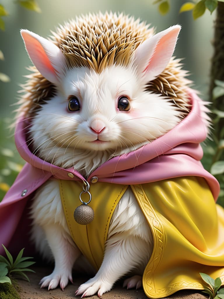   rabbits lay down their hedgehogs, a small, , white rabbit with bright eyes and pink noses. it wears a bright yellow cape, a small, round hedgehog, with a brown coloured peg on its back and a few timid eyes。 photo realistic, highly intricate and detailed, masterpiece, ultra high res,photography,8k resolution