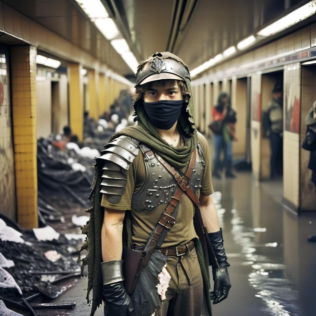  cinematic photo a young guy, the leader of the faction of farmers, covered in rags and artisanal body armor, in a destroyed subway. . 35mm photograph, film, bokeh, professional, 4k, highly detailed, film photography style