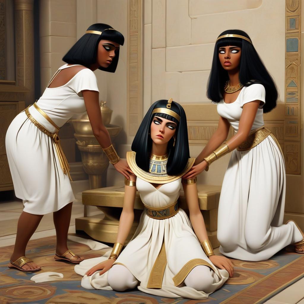  cleopatra fainted and lay unconscious on the floor, and two black maids bent over her and try to bring her to her senses.