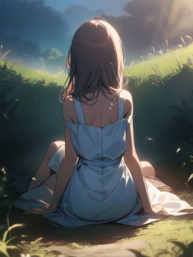  white dress, grassland, from back, sitting, put both hands on the ground, best quality, masterpiece, ultra detailed, healing, healing