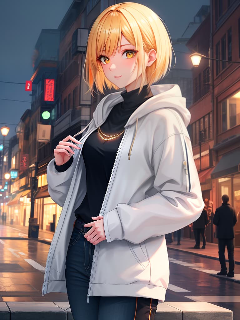  short bob, cool system, boyish, blonde, singing, casual, sporty outdoor, hoodie, upper body only, skinny pants, singer, street, orange eye, active, women, purple, small milk, masterpiece, best quality,8k,ultra detailed,high resolution,an extremely delicate and beautiful,hyper detail hyperrealistic, full body, detailed clothing, highly detailed, cinematic lighting, stunningly beautiful, intricate, sharp focus, f/1. 8, 85mm, (centered image composition), (professionally color graded), ((bright soft diffused light)), volumetric fog, trending on instagram, trending on tumblr, HDR 4K, 8K