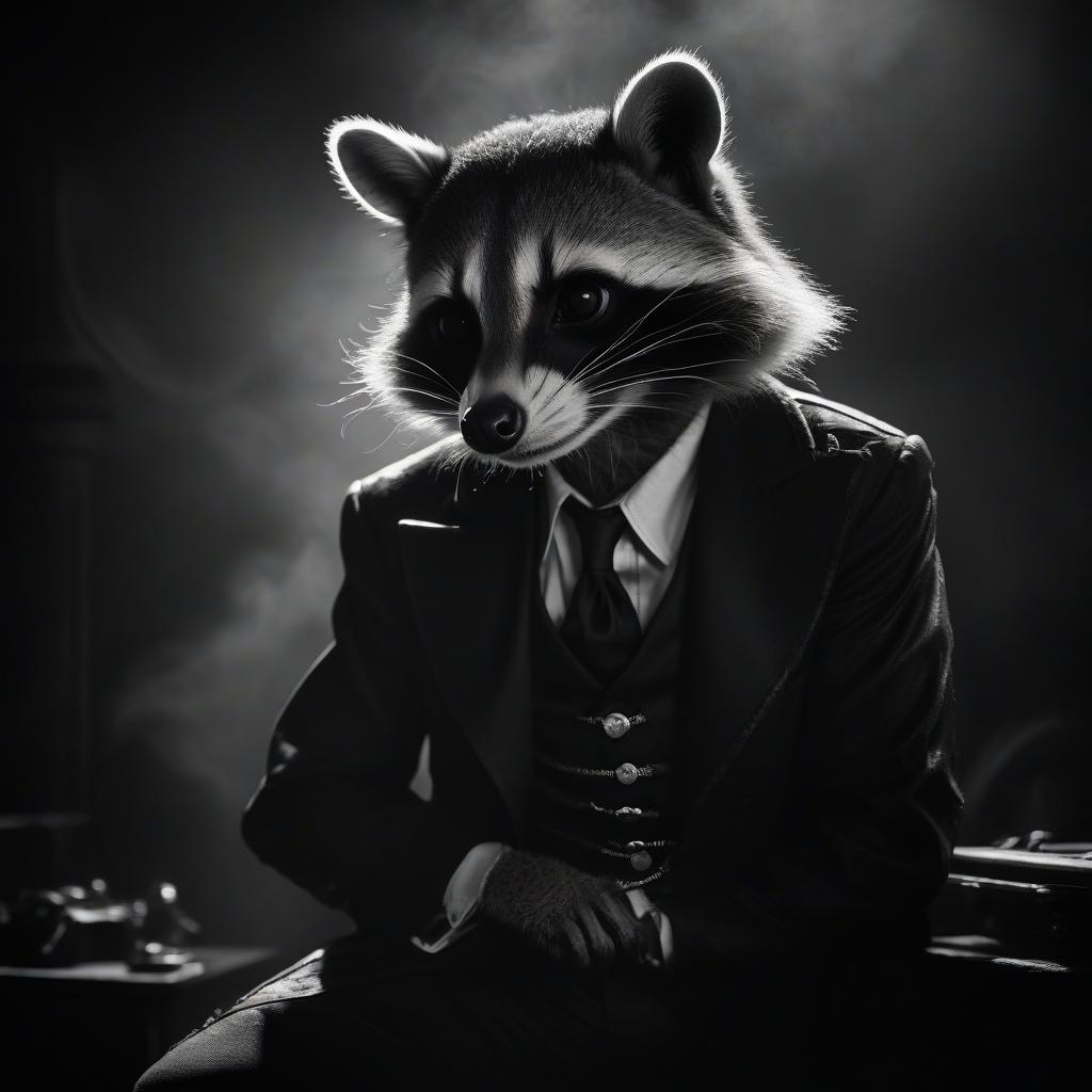  film noir style steam punk, ghost raccoon. . monochrome, high contrast, dramatic shadows, 1940s style, mysterious, cinematic