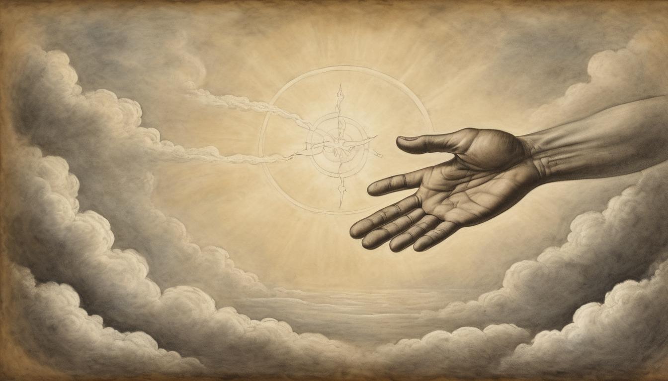  on parchment, surrealism++, a large divine hand from the clouds shaping a radiant figure, creation, celestial guidance, heavenly(mysterious, provocative, symbolic)++