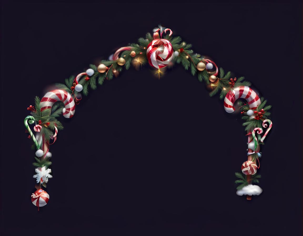  concept art an arch made up of candy canes and ornaments, christmas garland with decoration, pine needle and snow on it . digital artwork, illustrative, painterly, matte painting, highly detailed, civitai