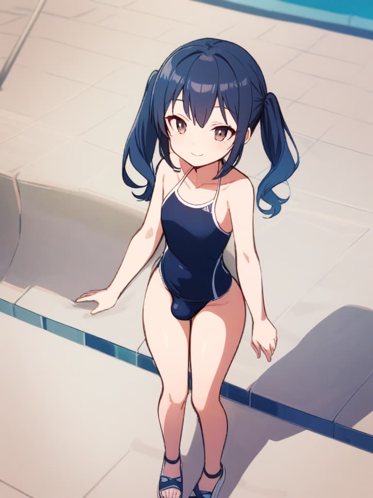  women's elementary students (male), twin tails, cute smiles, (rich s), low stature, dark blue swimwear, old swimwear, , simple (upward), male , (bulge), shaped clear , front , whole body, pool side,