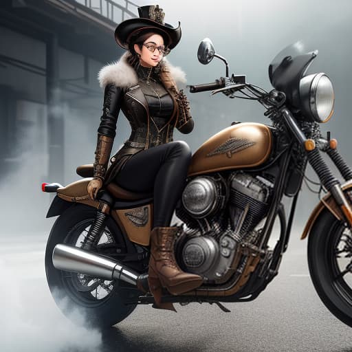  (the majestic steampunk queen of the roads, the girl on the motorcycle), gorgeous in her outfit consisting of a tight jacket with a deep neckline, tight pants, boots just below the knee and a hat with a high thull with glasses on her, her entire outfit is richly decorated with silver, she attracts attention with a simultaneous expression of power, strength, beauty and grace, the queen sits on her motorcycle, he is as abundantly encrusted with silver as her costume. (style): steampunk, photorealism. (colors): black, silver, walnut red, ash. (material): black leather, silver. hyperrealistic, full body, detailed clothing, highly detailed, cinematic lighting, stunningly beautiful, intricate, sharp focus, f/1. 8, 85mm, (centered image composition), (professionally color graded), ((bright soft diffused light)), volumetric fog, trending on instagram, trending on tumblr, HDR 4K, 8K