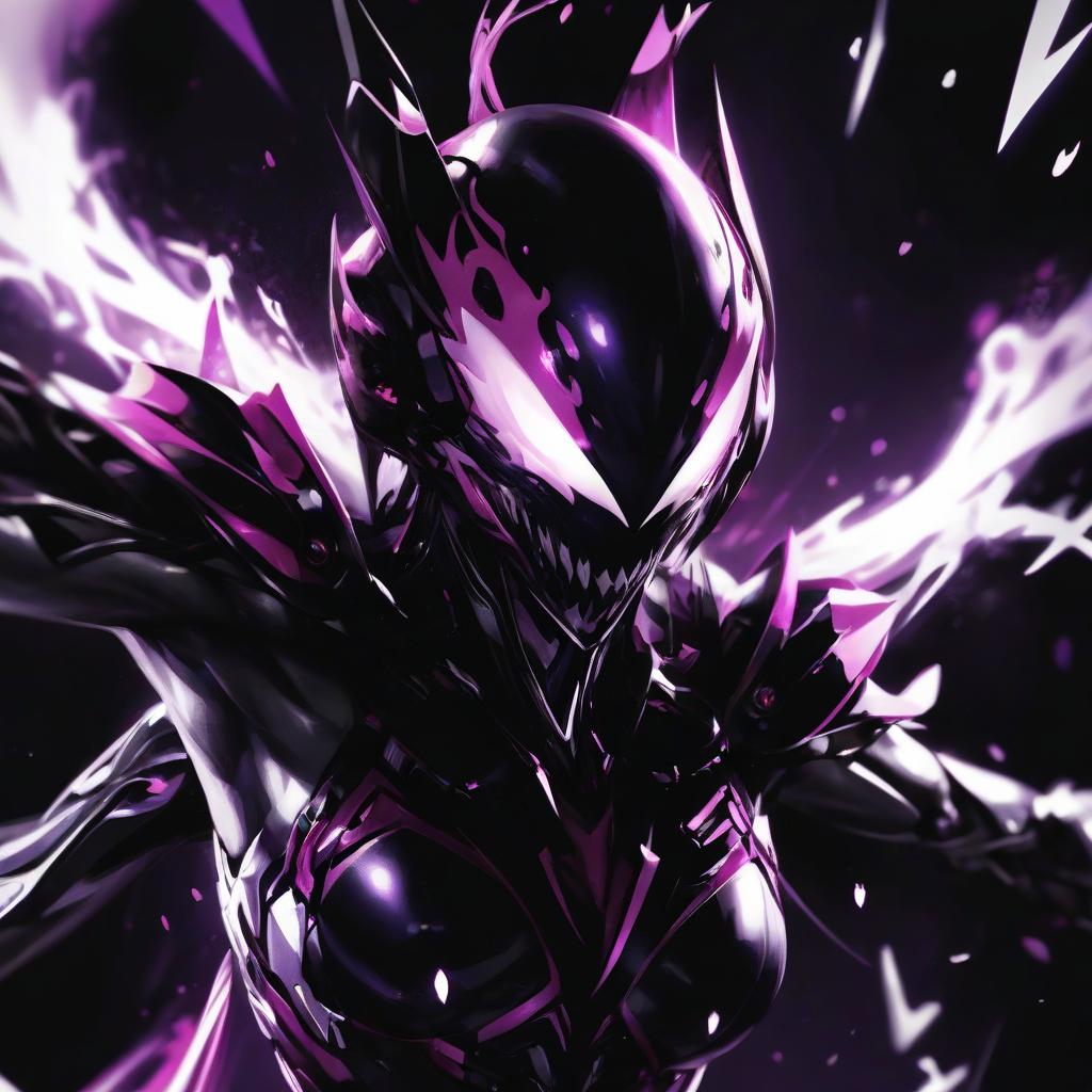  a close up of a purple and black background, digital art, inspired by raymond swanland, tumblr, particles simulation, sharp silver armor fuchsia skin, guilty crown, venom