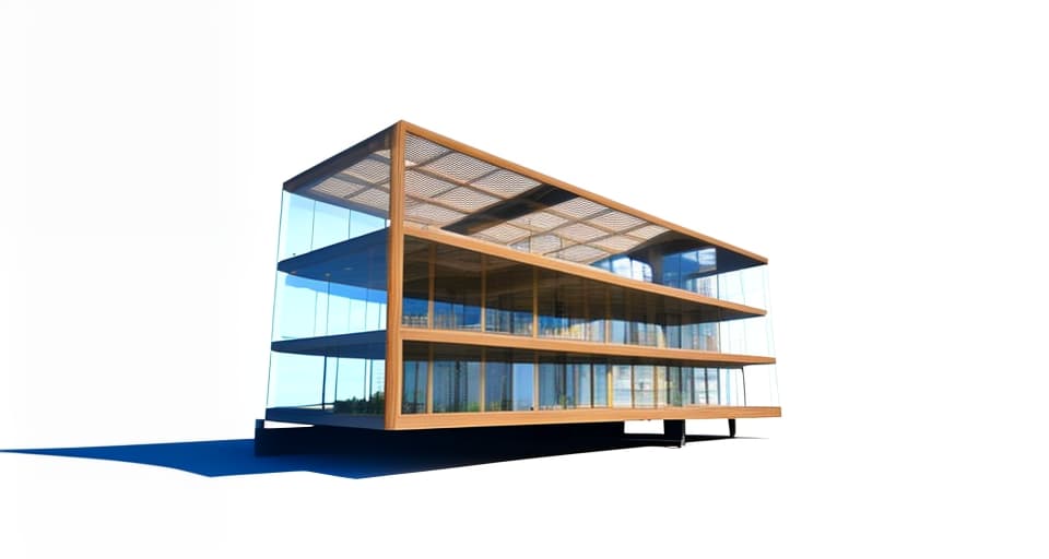 mdjrny-v4 style architecture, high quality, exterior perspective, quietly built in the city of tokyo, glass and wood exterior, clear blue sky at 12 o'clock in the background, kengo kuma