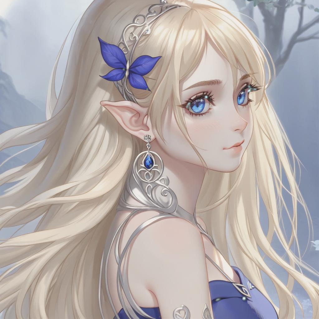  elf , , small silver earrings, blonde long loose hair, hairpin, deep dark blue eyes