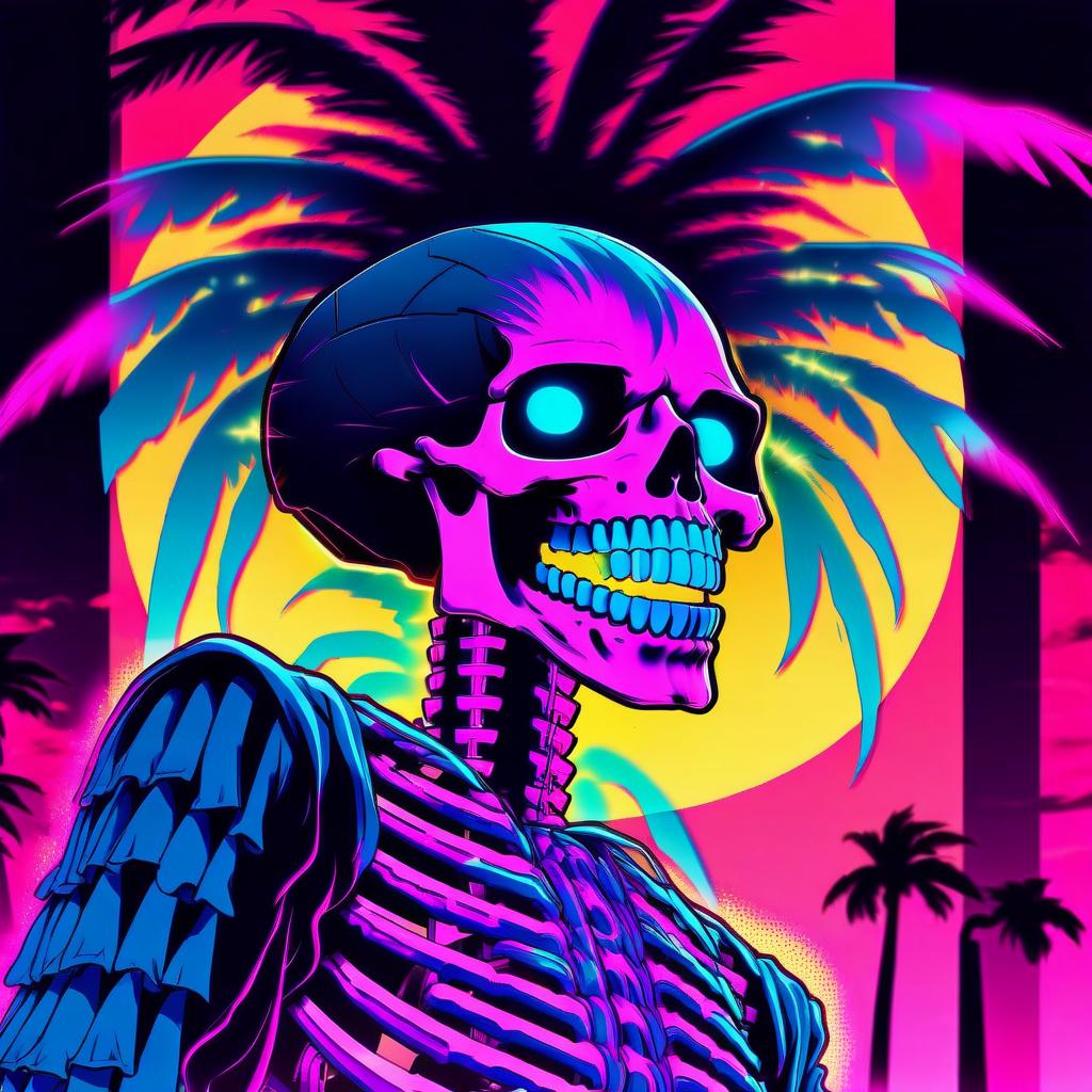  manga style retrowave style skelet with long hair glowing eyes look left smoke out of the head retrowave sun behind and palm tree . vibrant, high energy, detailed, iconic, japanese comic style