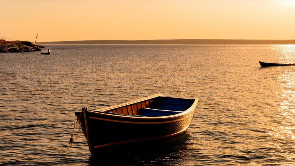  a boat sitting on top of a body of water, sunny amber morning light, vertical wallpaper, colorful hd picure, greek setting,beautiful, calm morning, shore of the lake, setting is bliss wallpaper, perfectly shaded, with water and boats, high quality desktop wallpaper, coming ashore ar 16:9 {prompt}, maximum details