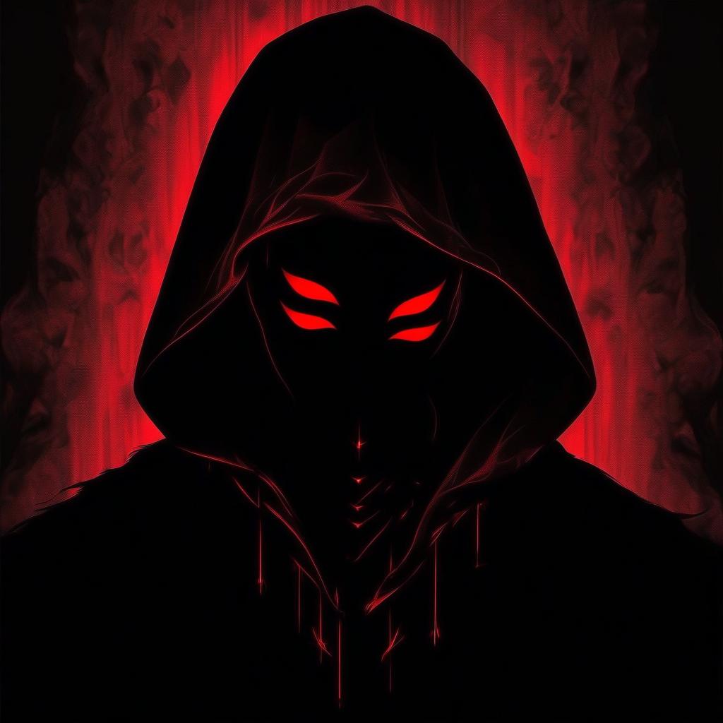  black silhouette in a hood without a face, only red eyes, in black and red tones, instead of a face random symbols.