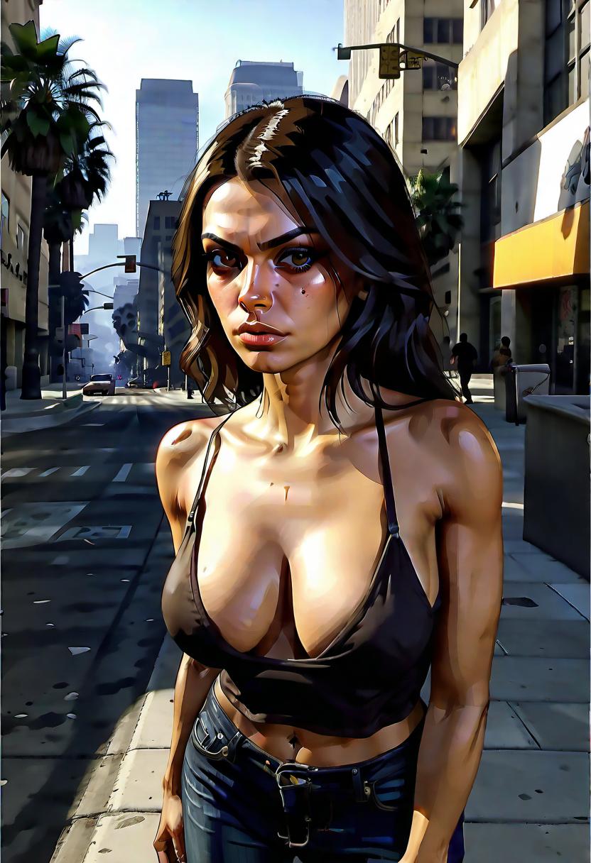  breathtaking a woman who has very big brown eyes wooman style video game grand theft auto 5, in town los angeles on bitch, iphone in hand . award winning, professional, highly detailed, film photography style