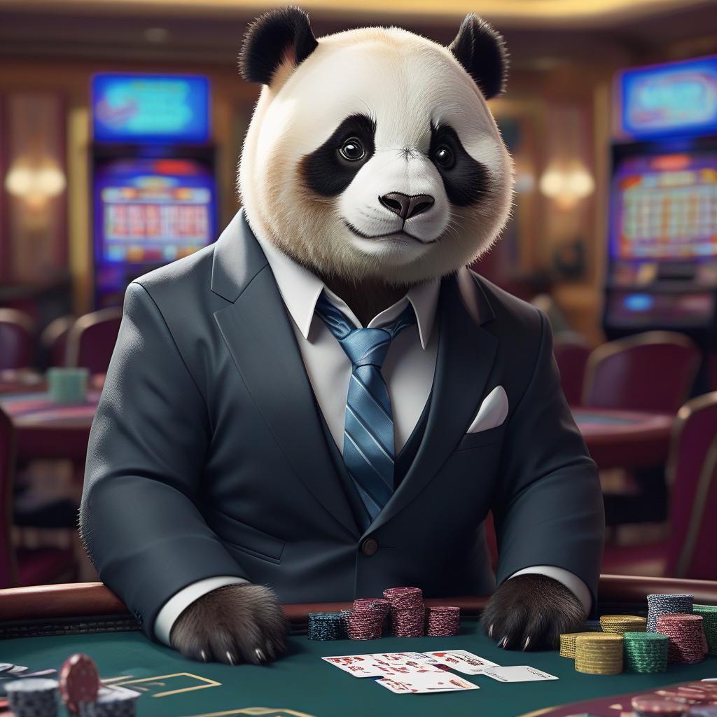  breathtaking a panda in a suit with unbuttoned top buttons and an untied tie, sits in a casino at a table. . award winning, professional, highly detailed