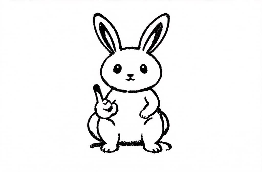  contour, very simple image in one unbroken black ink line, single line of bunny showing middle finger ar 3:2 using a single continuous black line ink brushon white background, drawing should be created without lifting the pen, recognizable features of bunny showing middle finger ar 3:2 in one unbroken line