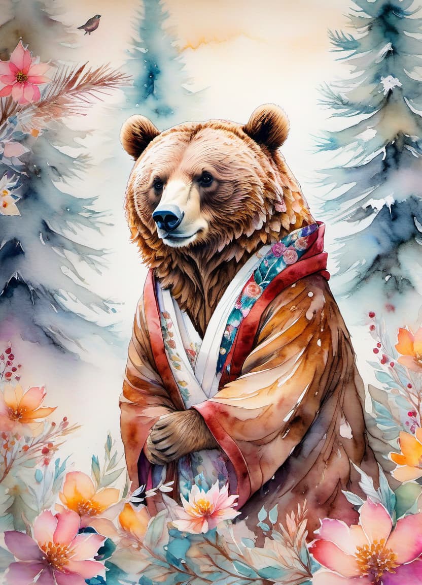  fairy tale christmas trees with cones, brown bear in kimono, (double exposure: 1.4). (soft textured paper). alcohol ink of (bright) flowers. the incompleteness effect. tenderness of watercolors, winter, delicate colors. thin white lines. emotion. light relief pattern. . magical, fantastical, enchanting, storybook style, highly detailed