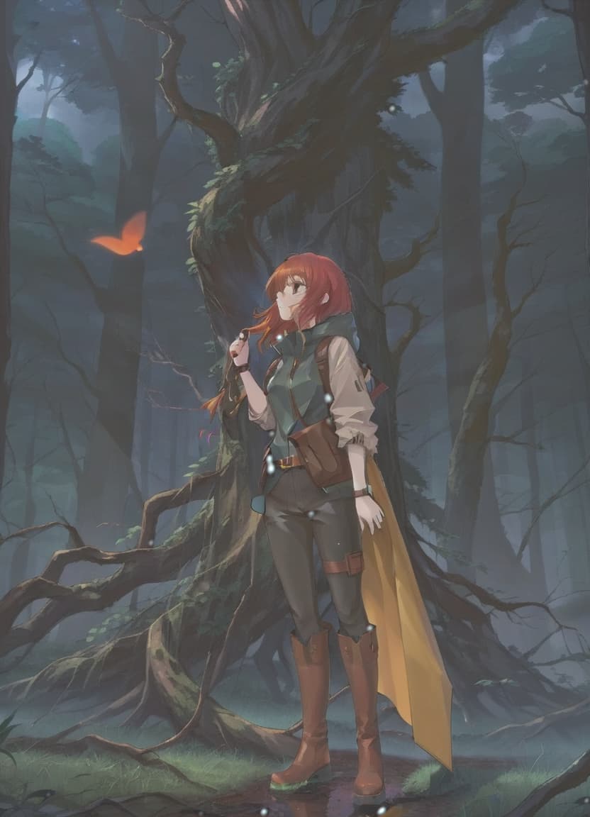  anime artwork the girl stands sideways against the background of a dark forest. she is wearing a raincoat, a shirt, dark trousers and high leather boots. there are straps on the belt and a small leather bag. red hair is visible from under the hood. . anime style, key visual, vibrant, studio anime, highly detailed