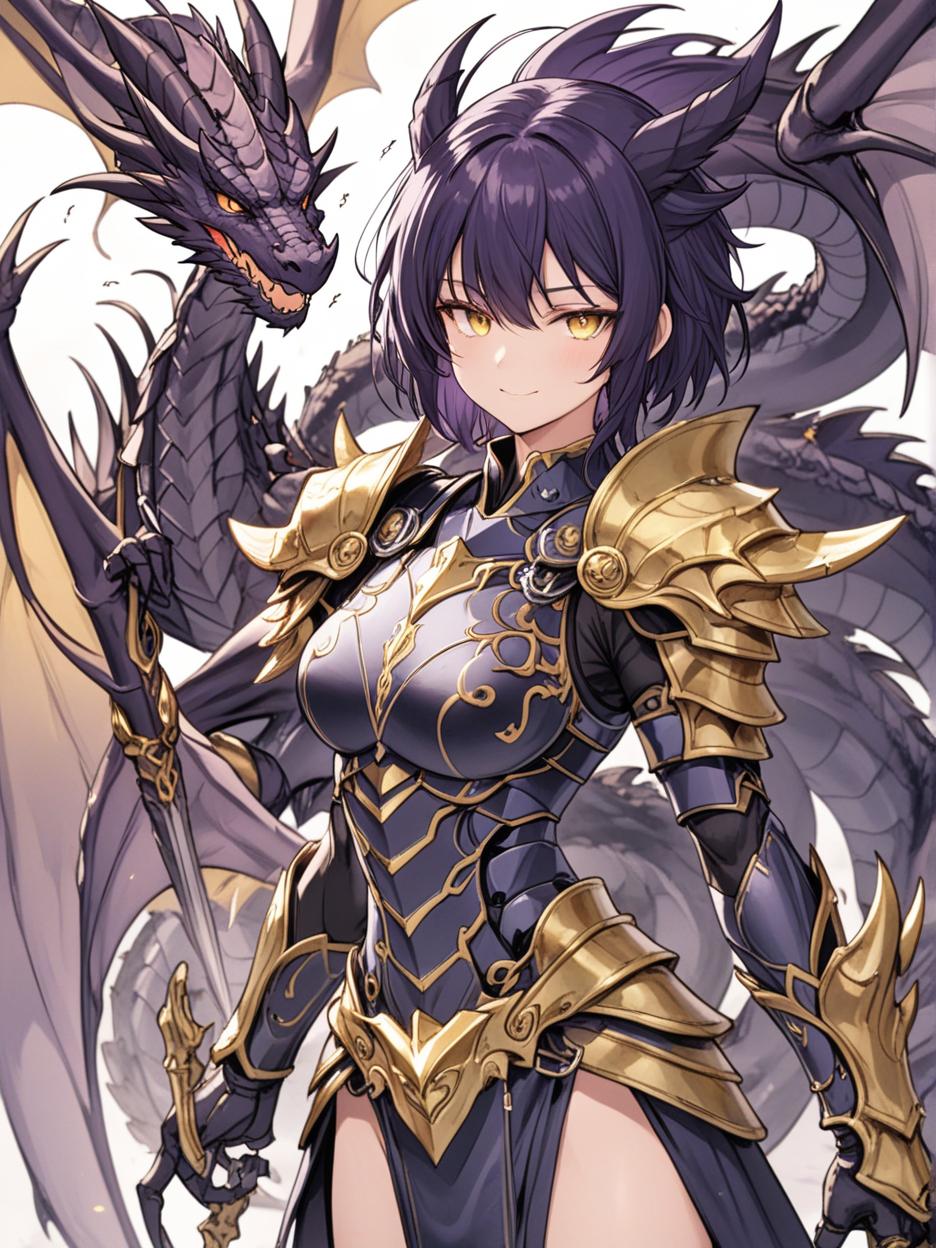  manga artwork an anime photo of a half human, half dragon warrior, she has very dark purple hair, a pleasant smile, very beautiful golden eyes, a grayer skin, a light black knight armor, broken black wings, and, hands with dragon claws mixed with the armor, a long dragon tail, and other details of her dragon form mixed with her human appearance, she has a more adult and very strong body, with a slender build. manga artist. manga, highly emotional. best quality, high resolution