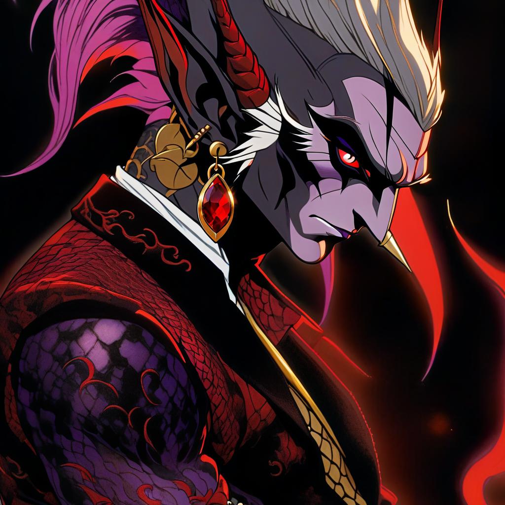  manga style dark elf is a male rock performer with a guitar in both hands marble white skin, purple scarlet hair, lavender eyes with a red tint, dressed in a red purple shirt embroidered with red gold, over the shirt he wears a semi jacket with a dark scarlet snake skin trim, hairstyle in the style of "hedgehog." there is an earring in the shape of a month in the right ear. crescent moon tattoo . vibrant, high energy, detailed, iconic, japanese comic style hyperrealistic, full body, detailed clothing, highly detailed, cinematic lighting, stunningly beautiful, intricate, sharp focus, f/1. 8, 85mm, (centered image composition), (professionally color graded), ((bright soft diffused light)), volumetric fog, trending on instagram, trending on tumblr, HDR 4K, 8K