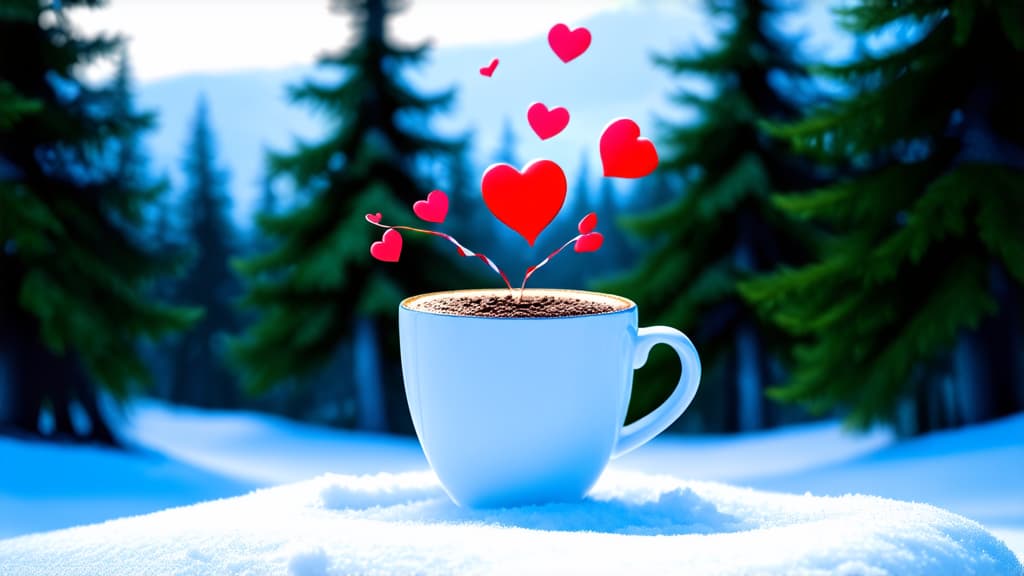  coffee cup with hearts flying out of it standing on snow, snowy forest background, digital art, hyper realistic photography, very beautiful, highly detailed cute, high quality photos, high quality, beautiful wallpaper ar 16:9 {prompt}, maximum details