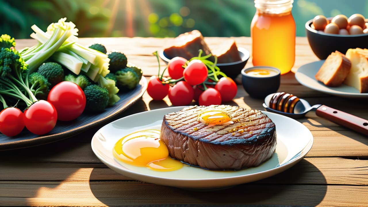  a vibrant array of forbidden foods: a creamy cheese wheel, a juicy steak, a fried egg, and a bowl of honey, all set against a rustic wooden table with fresh vegetables in the background. hyperrealistic, full body, detailed clothing, highly detailed, cinematic lighting, stunningly beautiful, intricate, sharp focus, f/1. 8, 85mm, (centered image composition), (professionally color graded), ((bright soft diffused light)), volumetric fog, trending on instagram, trending on tumblr, HDR 4K, 8K