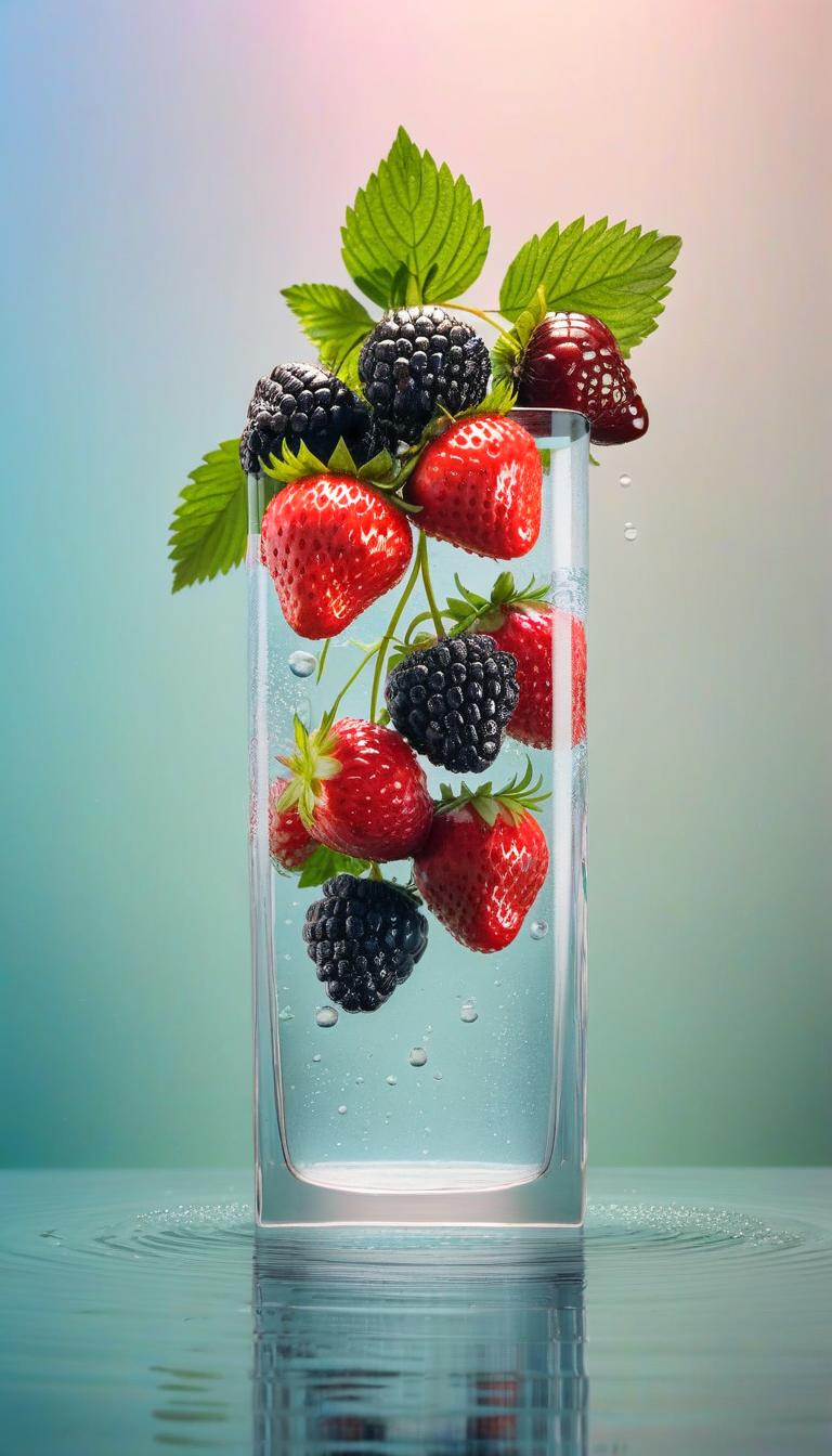  a stunning high resolution illustration of fresh blackberries, strawberries, cherries splashing in water, the berries are depicted in a variety of shades, each with a unique texture, and are reflected in the crystal clear water. the background is a soft gradient of pastel colors, creating a dreamy and calming atmosphere. subtle details in the illustration allow the viewer to admire the subtle nuances of the blackberries, strawberries, cherries and water droplets, a beautiful wide, transparent vase, film photography style hyperrealistic, full body, detailed clothing, highly detailed, cinematic lighting, stunningly beautiful, intricate, sharp focus, f/1. 8, 85mm, (centered image composition), (professionally color graded), ((bright soft diffused light)), volumetric fog, trending on instagram, trending on tumblr, HDR 4K, 8K