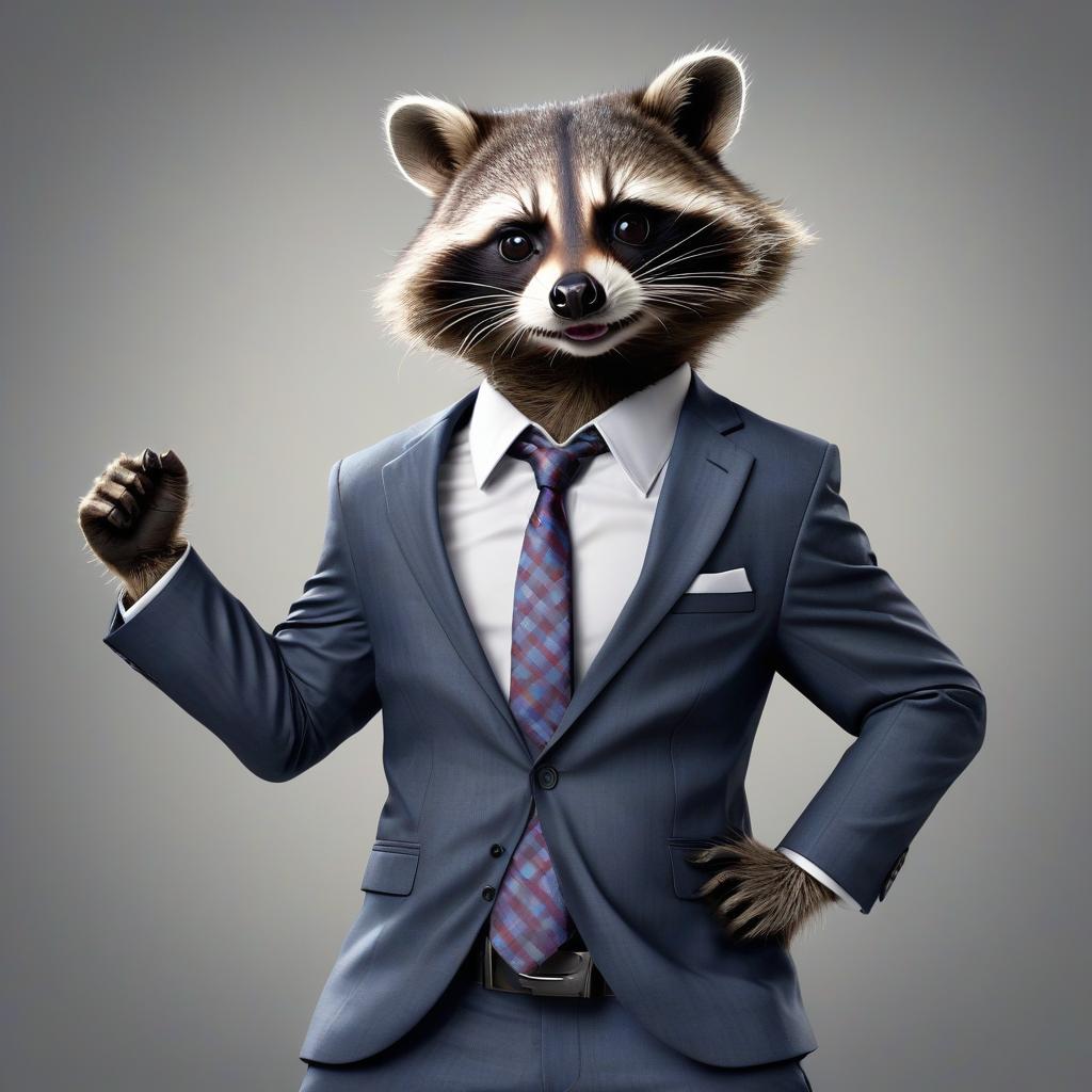  hyperrealistic art raccoon in an office suit with pumped up arms . extremely high resolution details, photographic, realism pushed to extreme, fine texture, incredibly lifelike