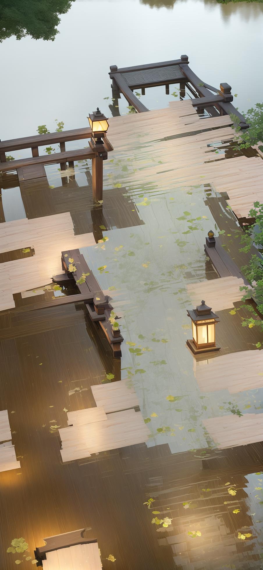  masterpiece, best quality, (fidelity: 1.4), best quality, masterpiece, ultra high resolution, 8k resolution, a night view inspired by japanese art, featuring a garden illuminated by paper lanterns and a wooden bridge spanning a tranquil lake, by the lakeside, there is a small zen temple. the water reflects the starry sky.