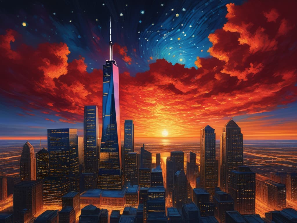  ethereal fantasy concept art of sears tower, crain's communications building, drone view, tilt shift, van gogh's starry night, colorful red orange swirls, cloud gate, hyper realistic, chicago skyline, mesmerizing, intricate details, flambient golden red sunrise, dramatic lighting, epic composition, wide angle, cinematic, masterpiece, 4k, raw photo, van gogh influence, studio lighting, impressionist, bold colors, starry sky, architectural elements, medium format lens, high angle, cityscape, city life, metropolitan, van gogh's brushstrokes, van gogh's shadows, van gogh's colors, van gogh's textures, nighttime, city scene, streets, night cityscape. magnificent, celestial, ethereal, painterly, epic, majestic, magical, fantasy art, cover art, dr