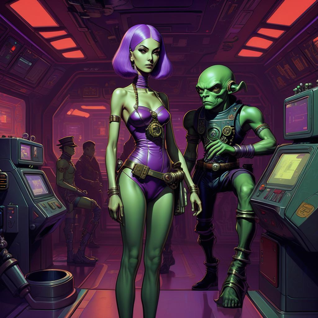  retro game art a group of space pirates, a young alien of thai appearance, 20 year, purple skin, medium sized elastic , elegant thin waist, long slender legs, green hair. man, 40 year, small, fat, bald, black. next to the droid and minotaur. full length image, steampunk, dieselpunk, paropunk, standing in a space tavern, against a background of red light. . 16 bit, vint colors, pixelated, nostalgic, charming, fun