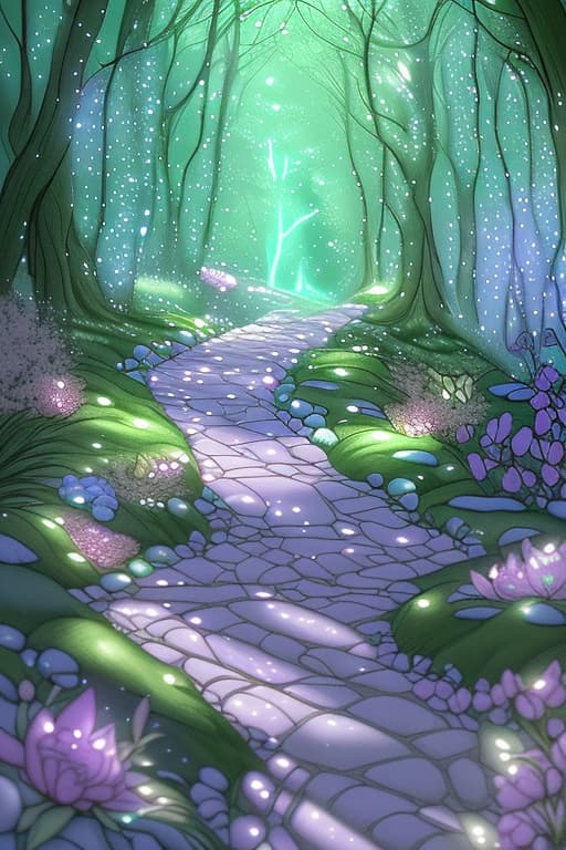  The Magical Pathway **Scene:** Whiskers finds a hidden, glowing path in the forest, lined with sparkling stones and mystical flowers. **Narrative:** As she entered the forest, Whiskers discovered a hidden trail illuminated by glowing stones. The air was filled with a soft melody, and she felt as though the forest itself was guiding her.