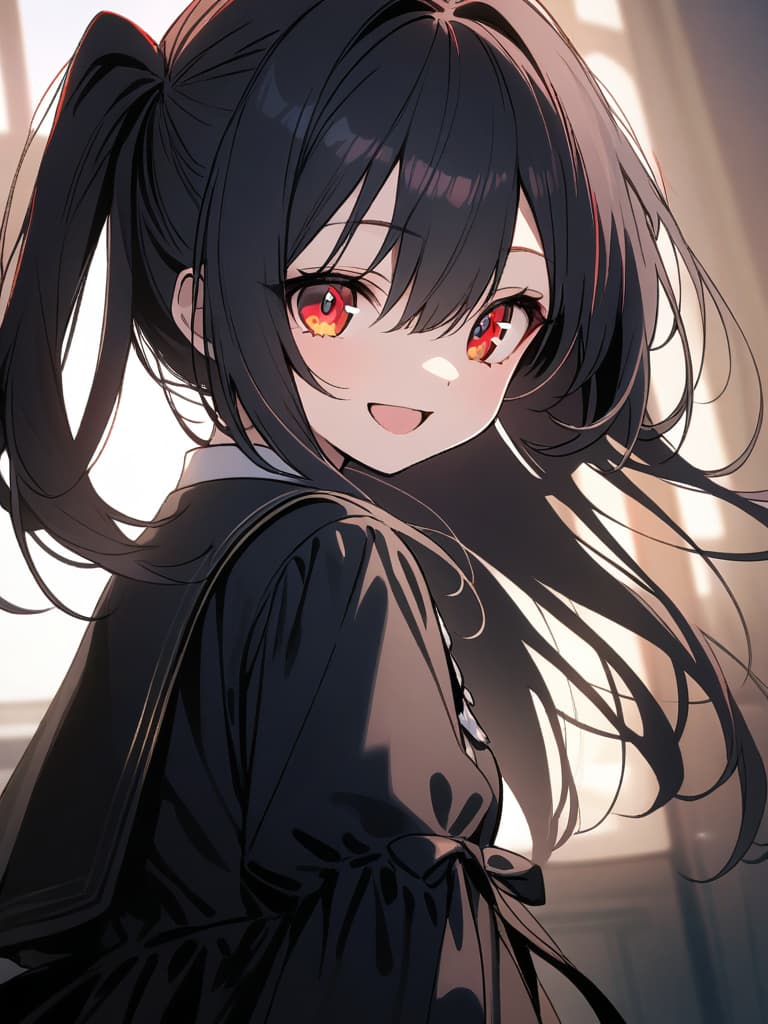  ultra detailed:1.2,masterpiece:1.2,best quality,masterpiece,bestquality,hdr:1.1,8k:1.1,very cute girl:1.3,((black hair,half up,long hair:1.5)),(short twintail:1.5),(red eyes,almond eyes:1.8),(cute smile:1.7),(harf open mouth:1.4),(upper body,from side:1.2)face focus:0.7,(black gothic lolita:1.6),looking at viewers