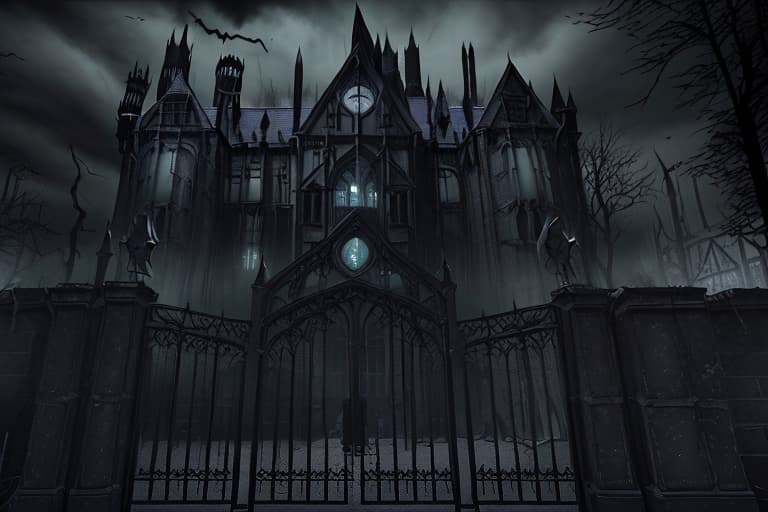  Arkham Asylum* Create a street view image of Arkham Asylum's entrance, showcasing its imposing gothic architecture, iron gates, and eerie atmosphere.