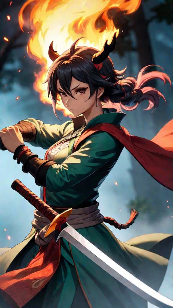  an anime art depicting a demon slayer wielding a burning blade with total concentration breathing. hyperrealistic, full body, detailed clothing, highly detailed, cinematic lighting, stunningly beautiful, intricate, sharp focus, f/1. 8, 85mm, (centered image composition), (professionally color graded), ((bright soft diffused light)), volumetric fog, trending on instagram, trending on tumblr, HDR 4K, 8K