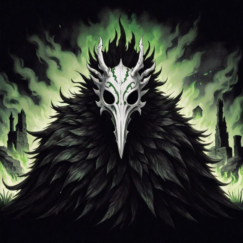  manga artwork dark creature with an animal white bone mask and black feathers, the background has stone ruins and green flames. rpg anime style . manga artist. manga, highly emotional. best quality, high resolution