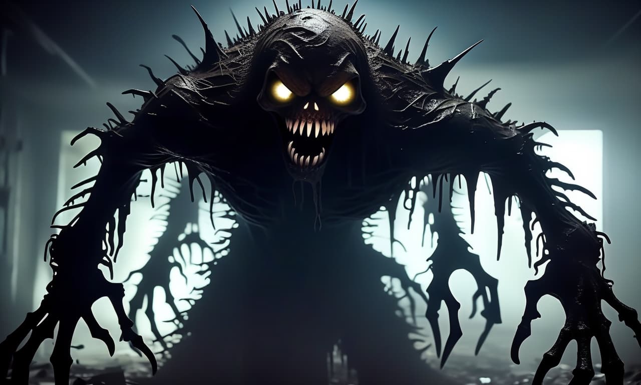  horror themed a terrifying creature made up of rubbish and rot, with eyes gleaming in the darkness and long teeth. the silhouette is blurred. it looks scary and threatening. . eerie, unsettling, dark, spooky, suspenseful, grim, highly detailed