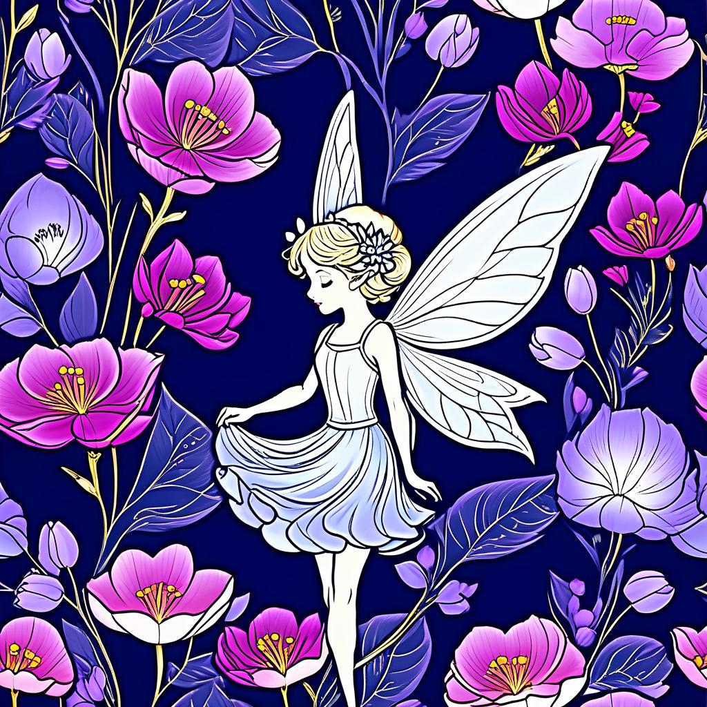  luxury product style ((flower fairy shop)) ((a small house with a tiled roof and carved windows surrounded by flowers of scarlet, pink, crocus1,5)) ((in the bud of a blossoming flower sits an enchanting fairy and invites customers into her shop. (1,5 fine, fine fractal glitter bright petal line gold ink sketch on dark blue background, (pixie petal silhouette:1,3), bud outline outline, bud outline, pixie fairy leaves with wings. (flower colour):alo pink, white pink, pearl blue, pearl blue, snow white) . (style):fantasy, art design, art deco, advertising, window display, (colours):soft pink, light lavender, white, soft green, all pastel shades. . elegant, sophisticated, high end, luxurious, professional, highly detailed