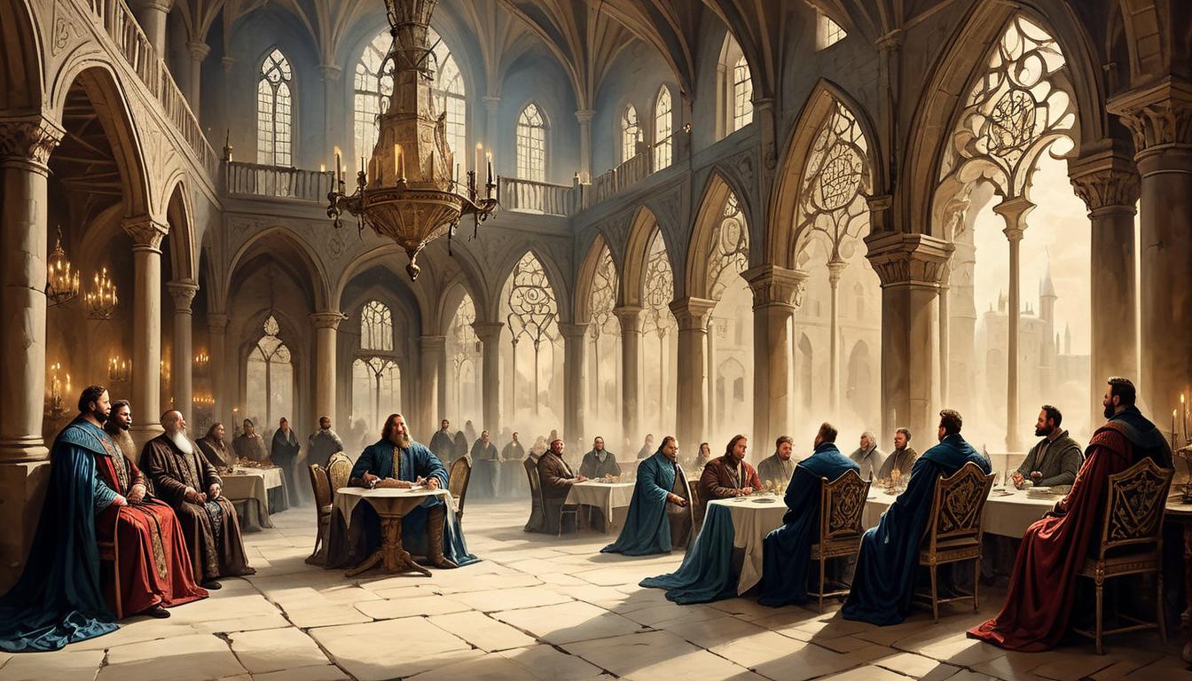  on parchment, surrealism+++, a bustling castle hall, chosen ones clad in ornate robes, deep conversations, anticipation in the air, prestigious gathering, refined elegance(mysterious, provocative, symbolic,muted color)+++