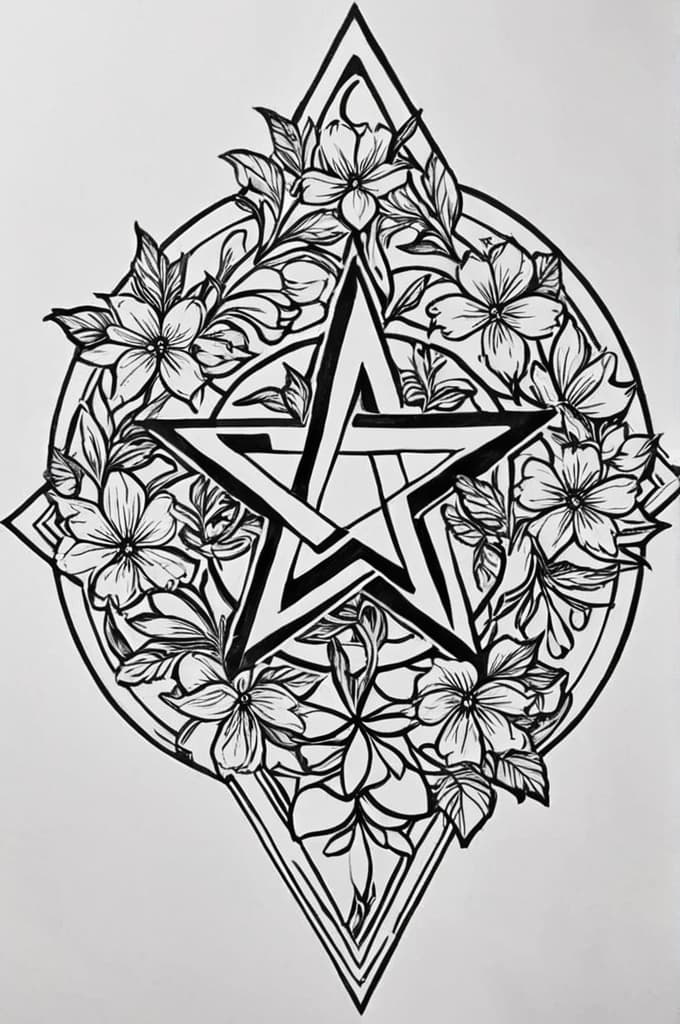  pentagram with a circle around it, flowers on the circle, and styled in a wooden design., (tattoo sketch:1.25), drawing