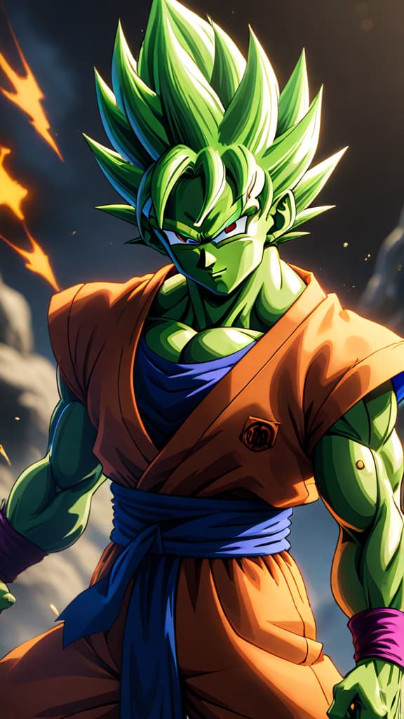  create an anime art showing piccolo from dragon ball surpassing goku's super saiyan forms through fusion. hyperrealistic, full body, detailed clothing, highly detailed, cinematic lighting, stunningly beautiful, intricate, sharp focus, f/1. 8, 85mm, (centered image composition), (professionally color graded), ((bright soft diffused light)), volumetric fog, trending on instagram, trending on tumblr, HDR 4K, 8K