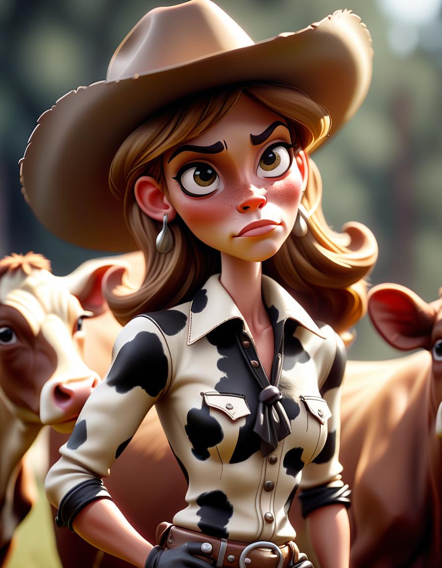  cinematic film still anthropomorphic cow girl . shallow depth of field, vignette, highly detailed, high budget, bokeh, cinemascope, moody, epic, gorgeous, film grain, grainy